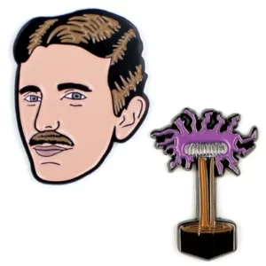 Nikola Tesla with his famous Tesla Coil – flash but not flashy. Show off your experimental style with this pin set, with rubber pin backs.