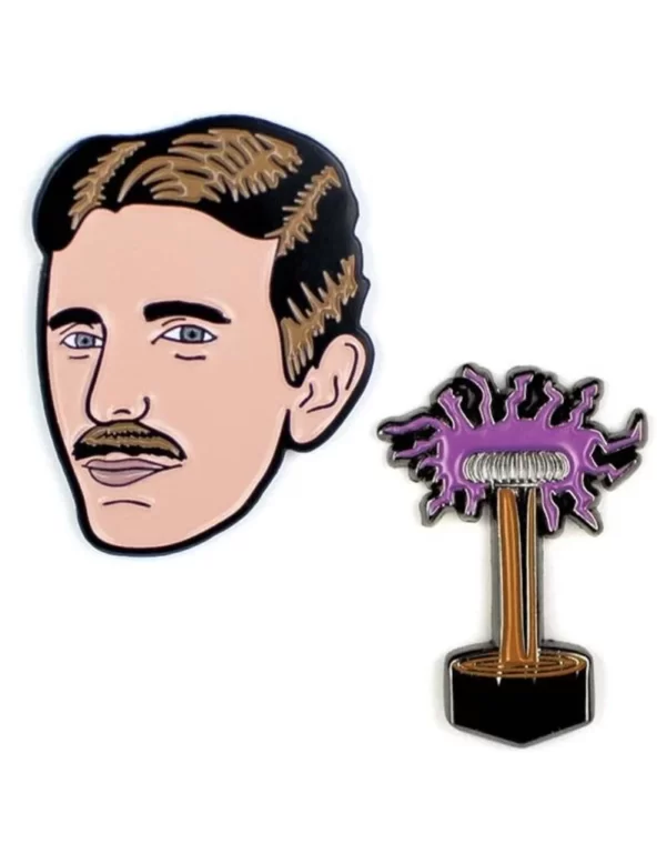 Nikola Tesla with his famous Tesla Coil – flash but not flashy. Show off your experimental style with this pin set, with rubber pin backs.